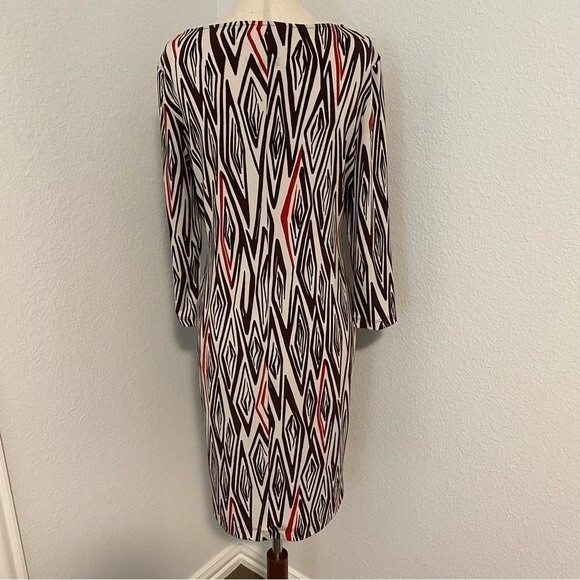 Chico's Brown Red Cream L Sleeve Scoop Neck Knee Length Sheath Dress SZ 4 - Picture 4 of 8